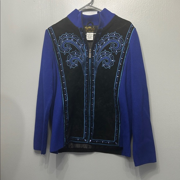 Bob Mackie Wearable Art Womens Black Blue Suede Leather Full Zip Jacket SZ Med